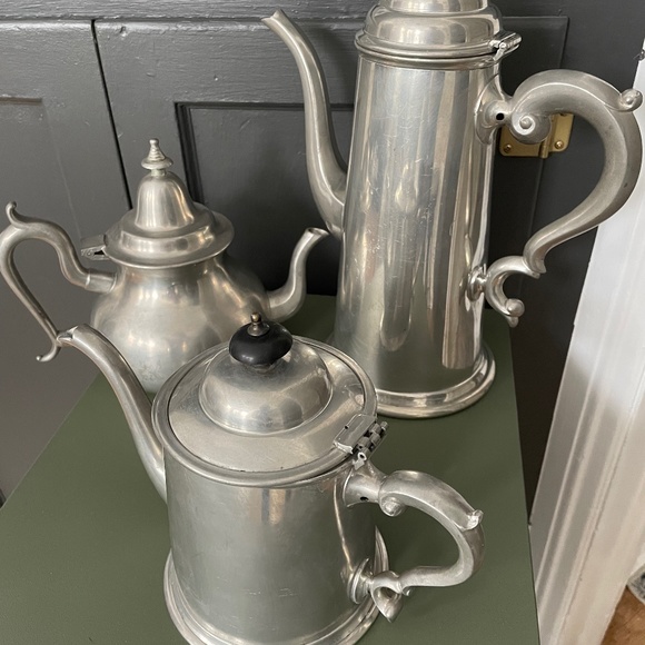 Three vintage pewter tea pot / coffee pot Sheffield Woodbury